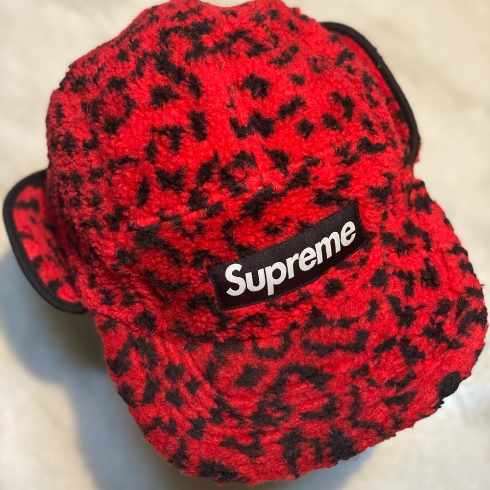 Supreme Leopard polar Fleece Earflap camp cap-Red